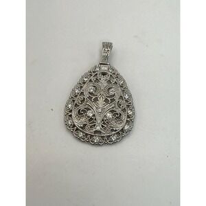 Vintage Silver Tone Filigree Pendant Rhinestone Teardrop Openwork Statement
